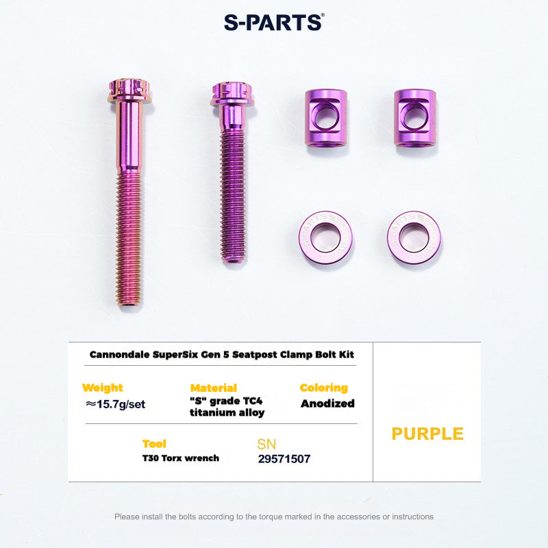 S-PARTS Cannondale SuperSix Gen 5 Titanium Seatpost Clamp Bolt Kit — TC4 Purple