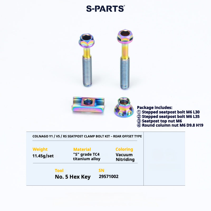 S-PARTS Colnago Y1 / V5RS Titanium Seatpost Balance Bolt Kit — Straight / Rear-Offset Rainbow
