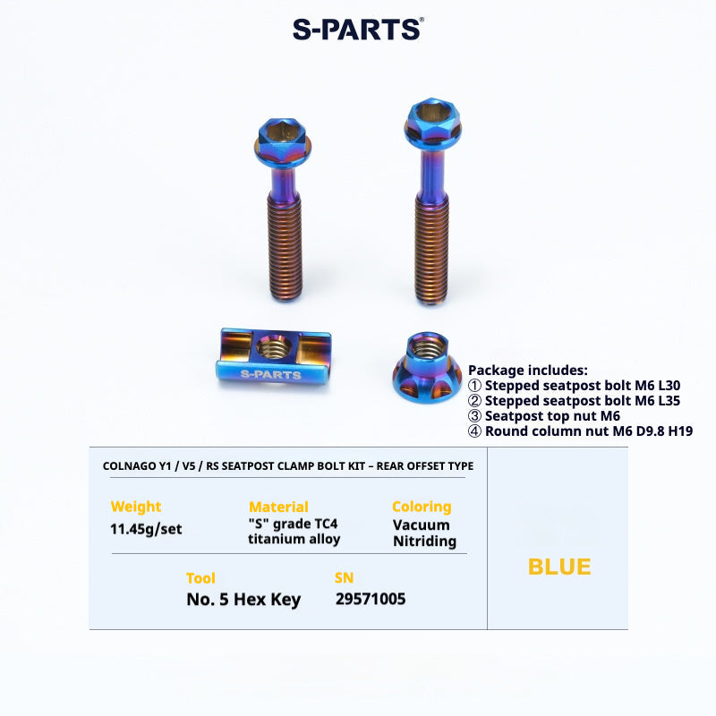 S-PARTS Colnago Y1 / V5RS Titanium Seatpost Balance Bolt Kit — Straight / Rear-Offset Blue