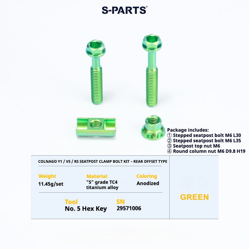S-PARTS Colnago Y1 / V5RS Titanium Seatpost Balance Bolt Kit — Straight / Rear-Offset Green