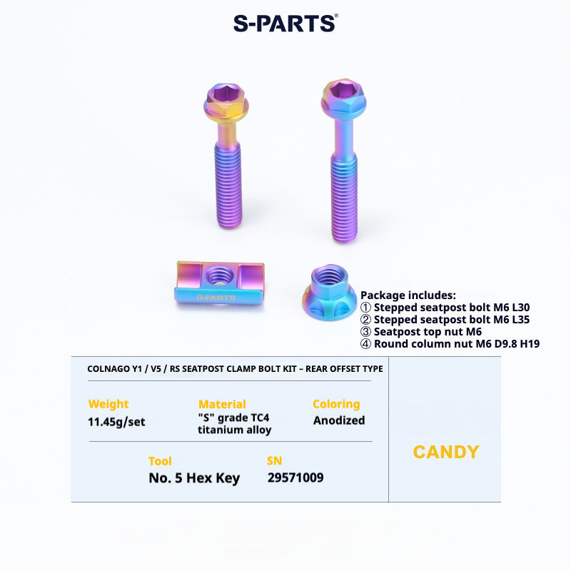 S-PARTS Colnago Y1 / V5RS Titanium Seatpost Balance Bolt Kit — Straight / Rear-Offset Candy
