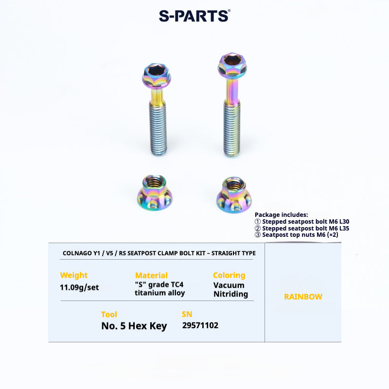 S-PARTS Colnago Y1 / V5RS Titanium Seatpost Balance Bolt Kit — Straight / Rear-Offset Rainbow