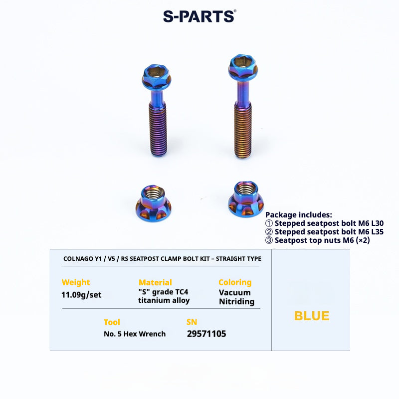 S-PARTS Colnago Y1 / V5RS Titanium Seatpost Balance Bolt Kit — Straight / Rear-Offset Blue