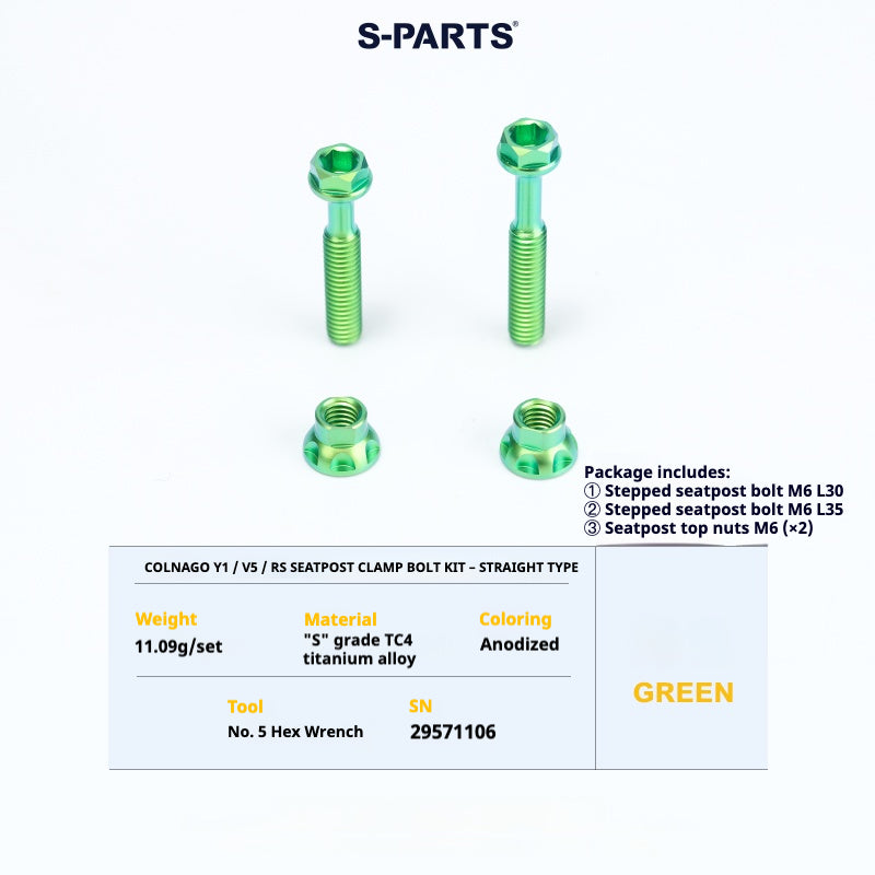 S-PARTS Colnago Y1 / V5RS Titanium Seatpost Balance Bolt Kit — Straight / Rear-Offset Green