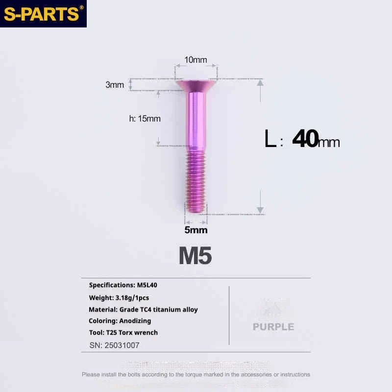 S-PARTS Countersunk Head Series M5 L06-55mm Titanium Screws