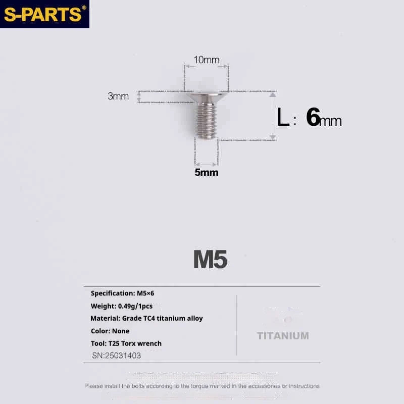 S-PARTS Countersunk Head Series M5 L06-55mm Titanium Screws