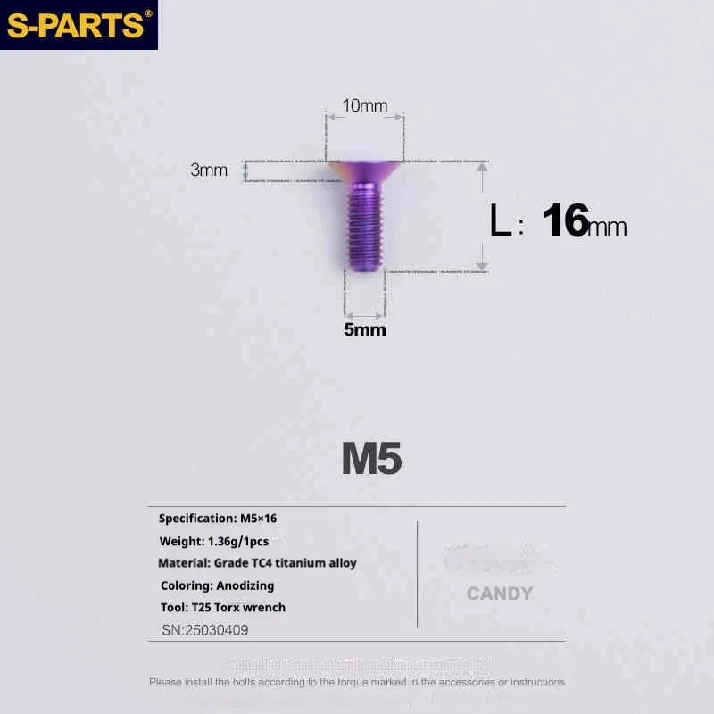 S-PARTS Countersunk Head Series M5 L06-55mm Titanium Screws