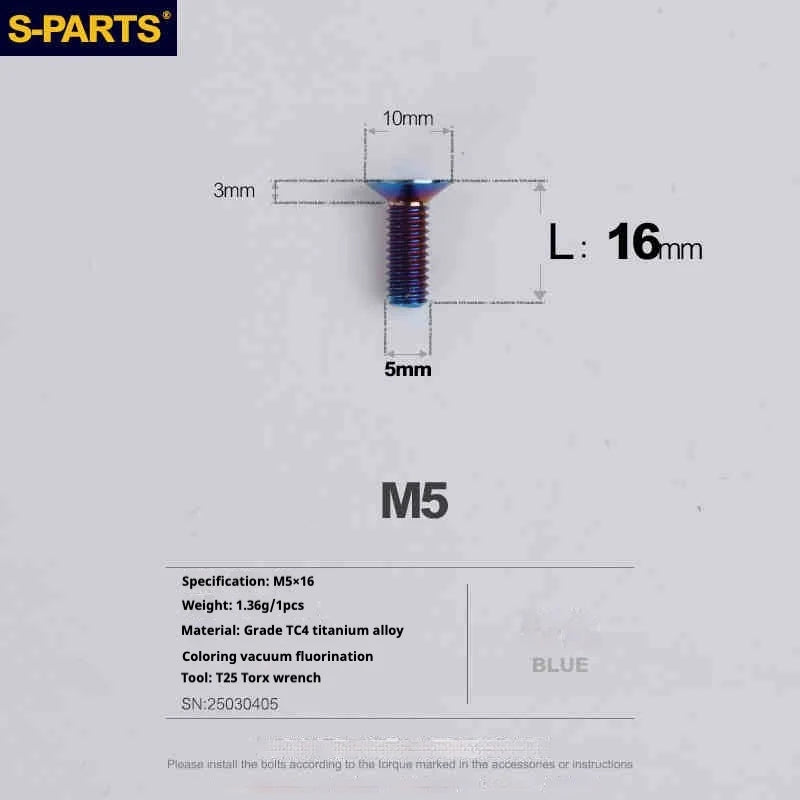 S-PARTS Countersunk Head Series M5 L06-55mm Titanium Screws