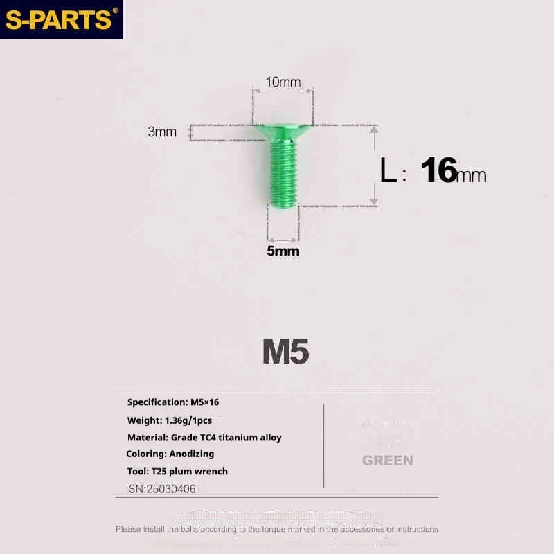 S-PARTS Countersunk Head Series M5 L06-55mm Titanium Screws