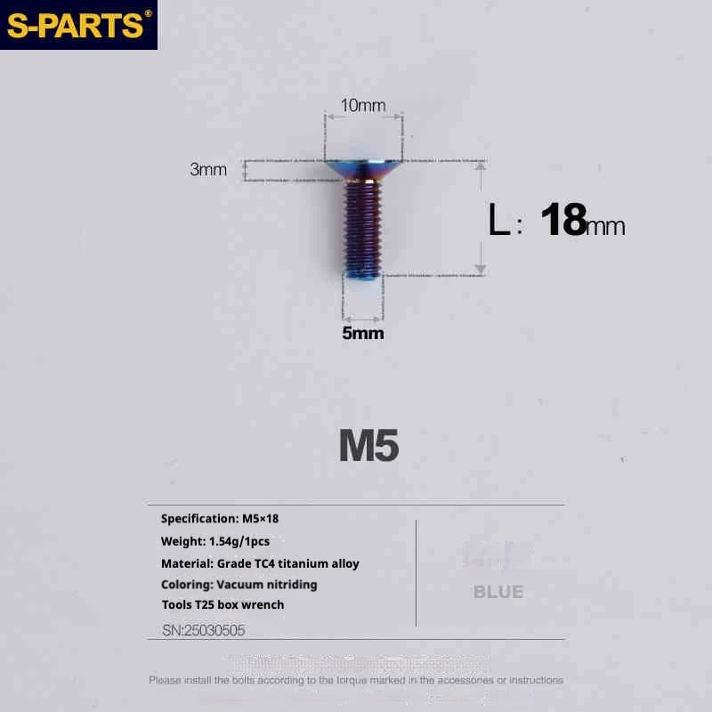 S-PARTS Countersunk Head Series M5 L06-55mm Titanium Screws