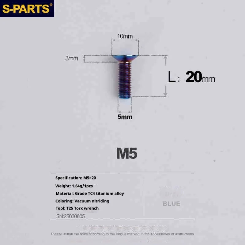 S-PARTS Countersunk Head Series M5 L06-55mm Titanium Screws
