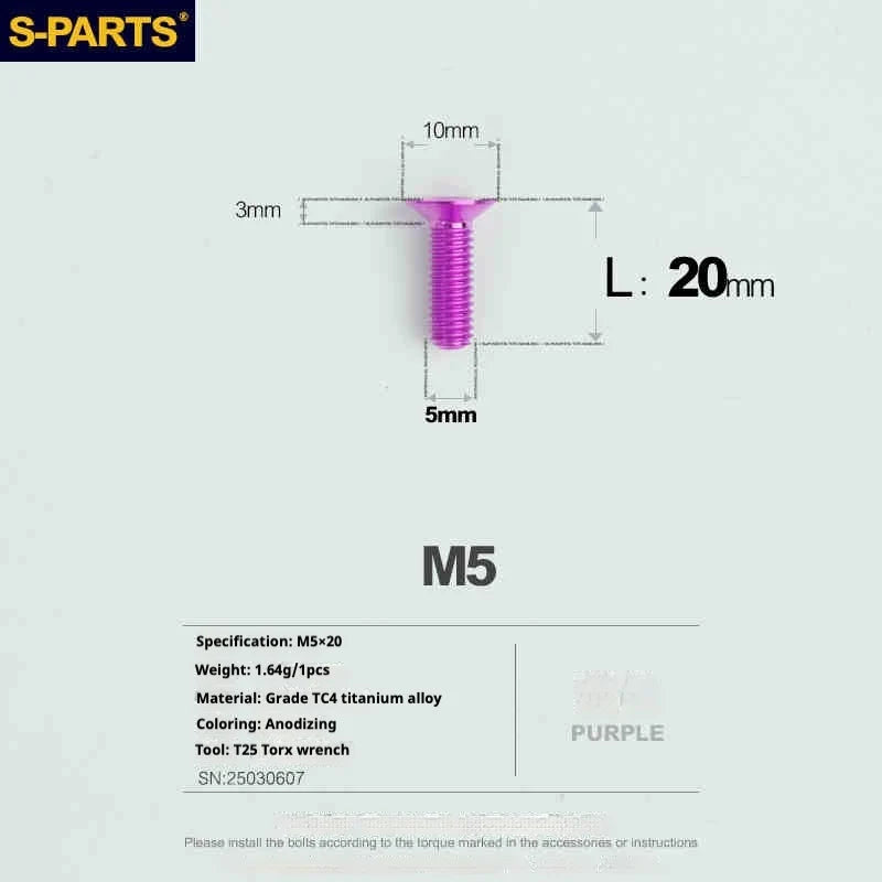 S-PARTS Countersunk Head Series M5 L06-55mm Titanium Screws