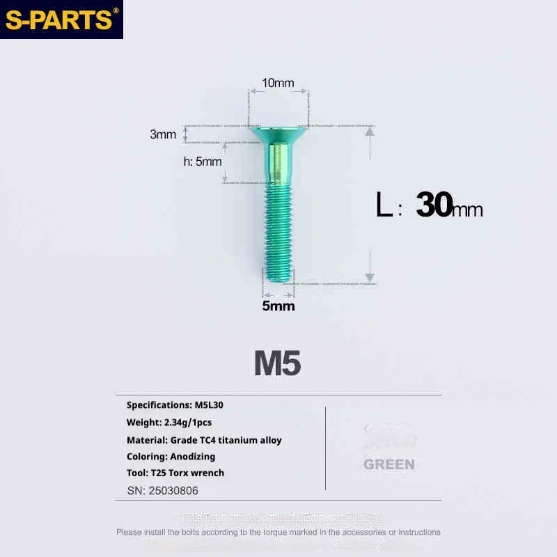 S-PARTS Countersunk Head Series M5 L06-55mm Titanium Screws