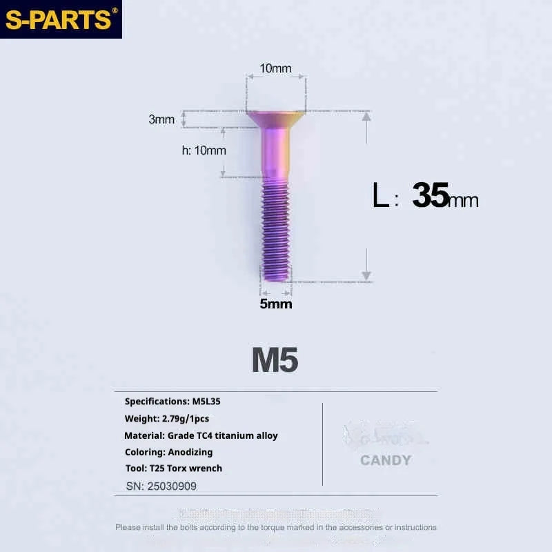 S-PARTS Countersunk Head Series M5 L06-55mm Titanium Screws