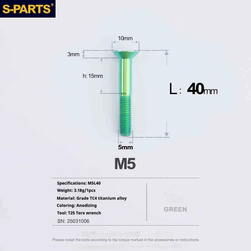 S-PARTS Countersunk Head Series M5 L06-55mm Titanium Screws