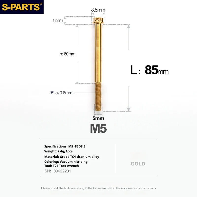 S-PARTS Golden A3 Series M5 L06-95mm Titanium Screws for Motorcycles and Cars