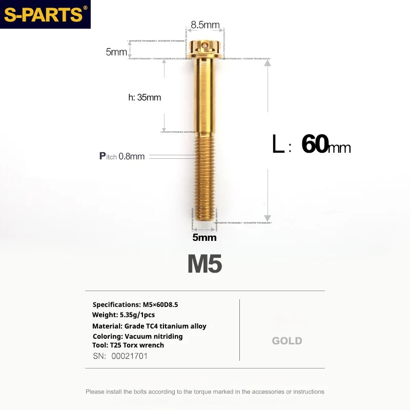 S-PARTS Golden A3 Series M5 L06-95mm Titanium Screws for Motorcycles and Cars
