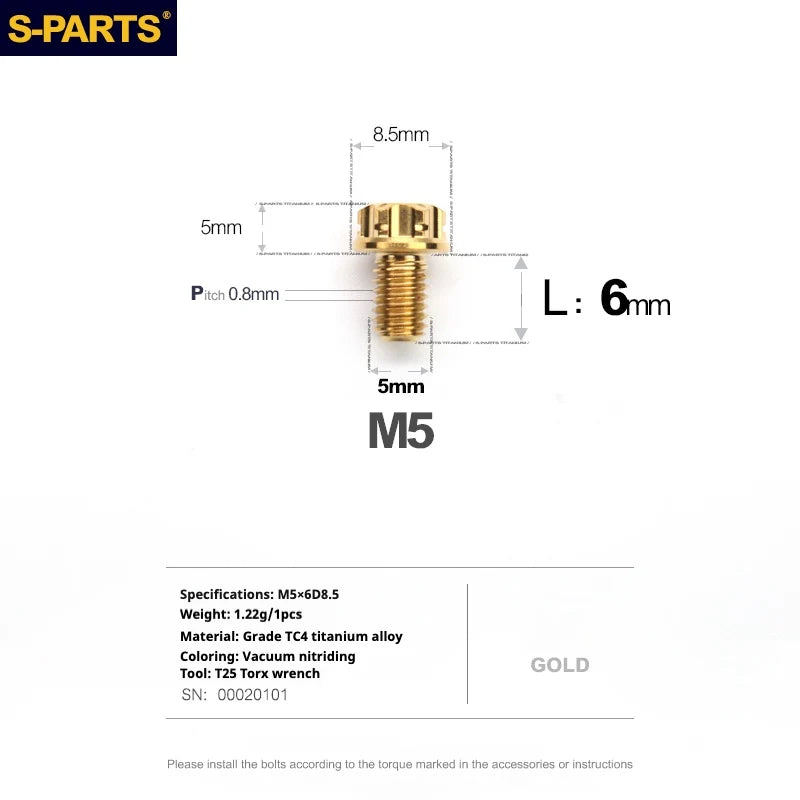 S-PARTS Golden A3 Series M5 L06-95mm Titanium Screws for Motorcycles and Cars