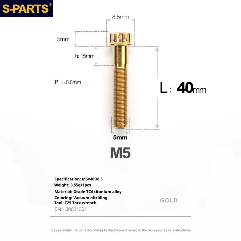 S-PARTS Golden A3 Series M5 L06-95mm Titanium Screws for Motorcycles and Cars
