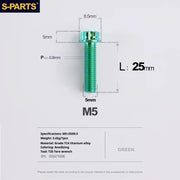 S-PARTS Green A3 Series M5 L06-110mm Titanium Screws for Motorcycles and Cars