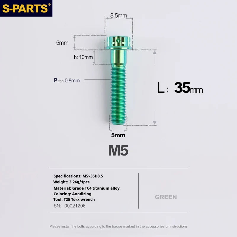 S-PARTS Green A3 Series M5 L06-110mm Titanium Screws for Motorcycles and Cars