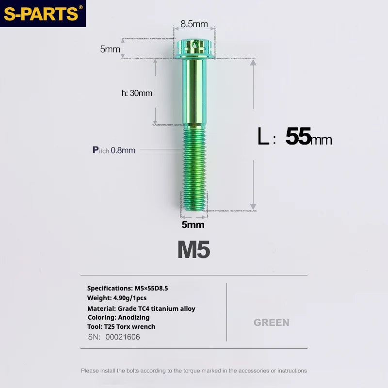 S-PARTS Green A3 Series M5 L06-110mm Titanium Screws for Motorcycles and Cars