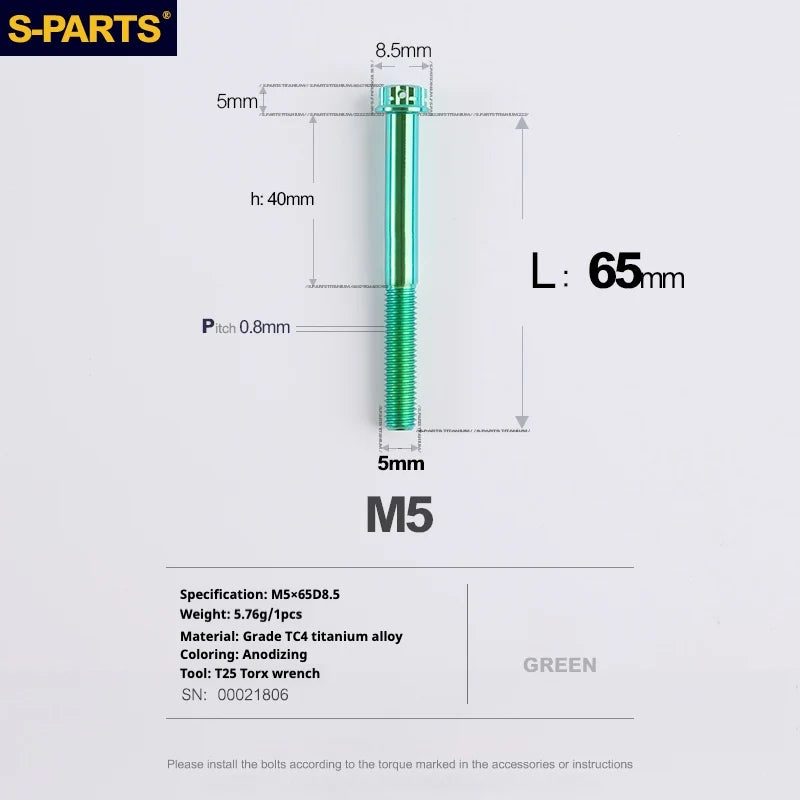 S-PARTS Green A3 Series M5 L06-110mm Titanium Screws for Motorcycles and Cars