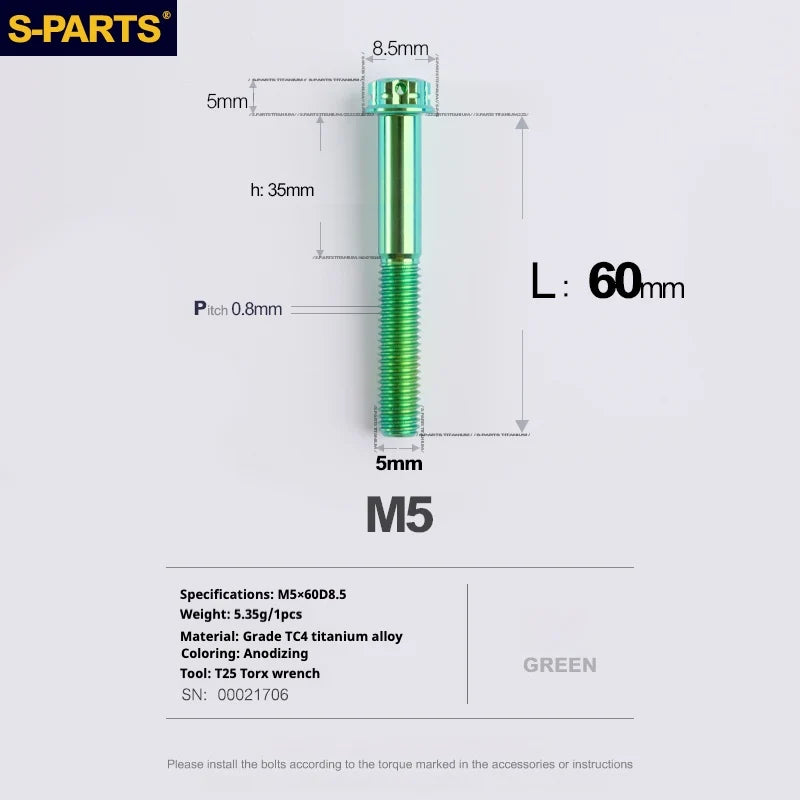 S-PARTS Green A3 Series M5 L06-110mm Titanium Screws for Motorcycles and Cars