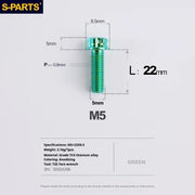 S-PARTS Green A3 Series M5 L06-110mm Titanium Screws for Motorcycles and Cars