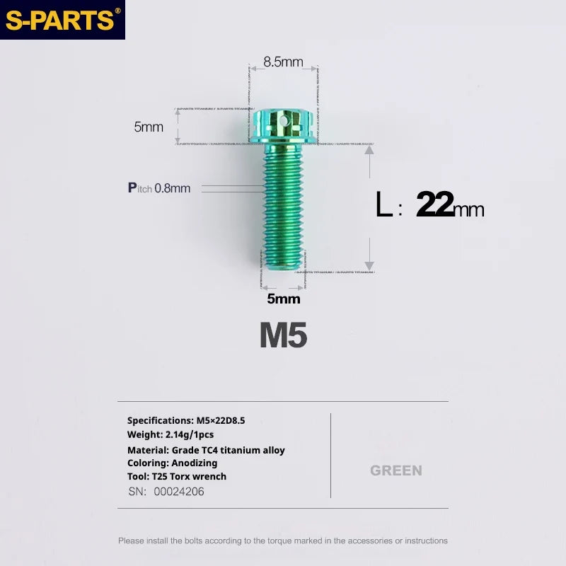 S-PARTS Green A3 Series M5 L06-110mm Titanium Screws for Motorcycles and Cars