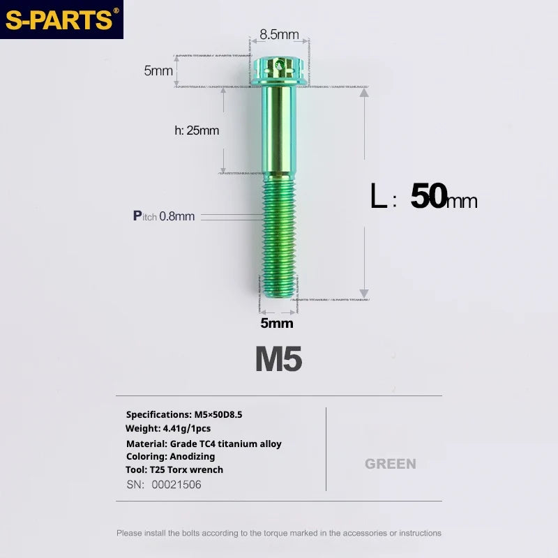 S-PARTS Green A3 Series M5 L06-110mm Titanium Screws for Motorcycles and Cars