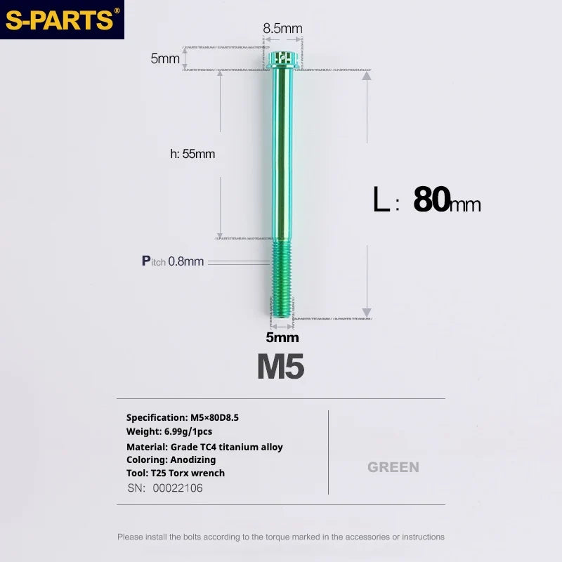 S-PARTS Green A3 Series M5 L06-110mm Titanium Screws for Motorcycles and Cars
