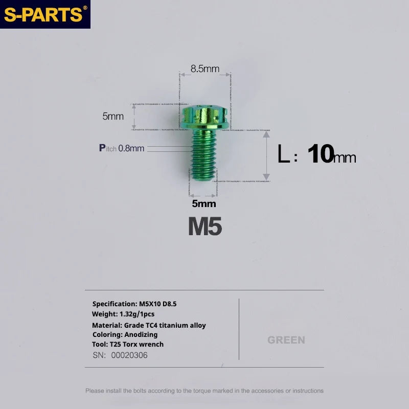S-PARTS Green A3 Series M5 L06-110mm Titanium Screws for Motorcycles and Cars
