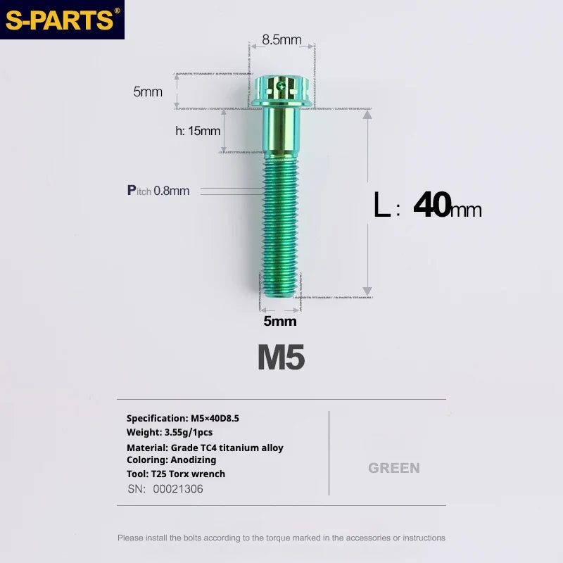 S-PARTS Green A3 Series M5 L06-110mm Titanium Screws for Motorcycles and Cars