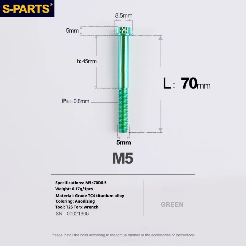 S-PARTS Green A3 Series M5 L06-110mm Titanium Screws for Motorcycles and Cars