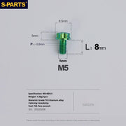 S-PARTS Green A3 Series M5 L06-110mm Titanium Screws for Motorcycles and Cars