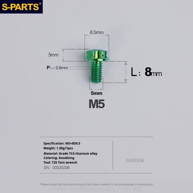 S-PARTS Green A3 Series M5 L06-110mm Titanium Screws for Motorcycles and Cars