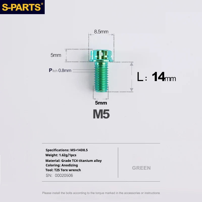S-PARTS Green A3 Series M5 L06-110mm Titanium Screws for Motorcycles and Cars