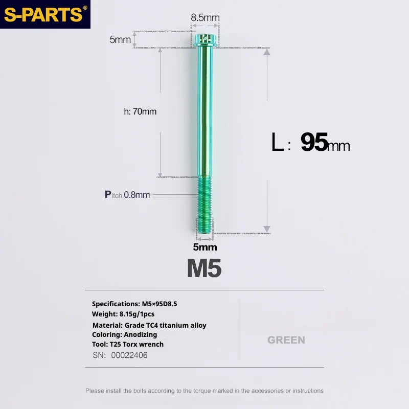 S-PARTS Green A3 Series M5 L06-110mm Titanium Screws for Motorcycles and Cars