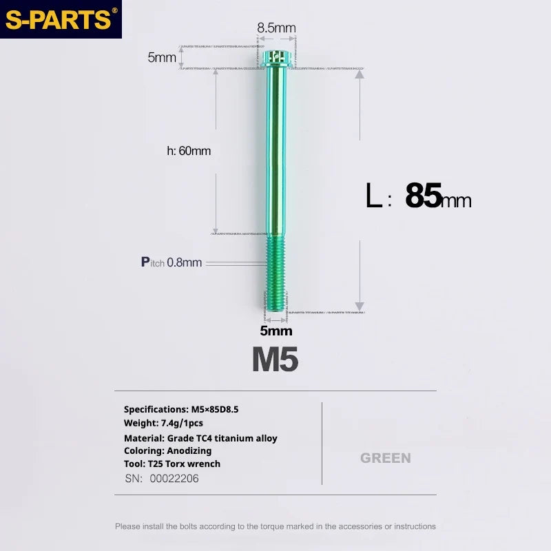 S-PARTS Green A3 Series M5 L06-110mm Titanium Screws for Motorcycles and Cars