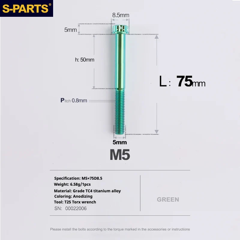S-PARTS Green A3 Series M5 L06-110mm Titanium Screws for Motorcycles and Cars