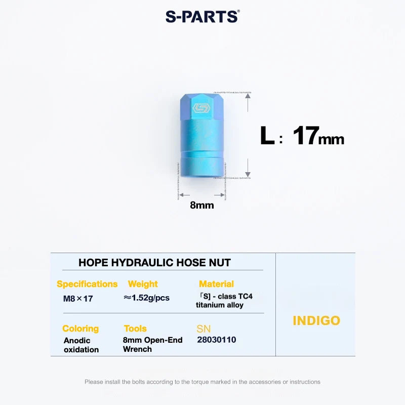 S-PARTS HOPE Titanium Brake Bolt Kit HOPE Hydraulic Hose Nut×1 Indigo Blue