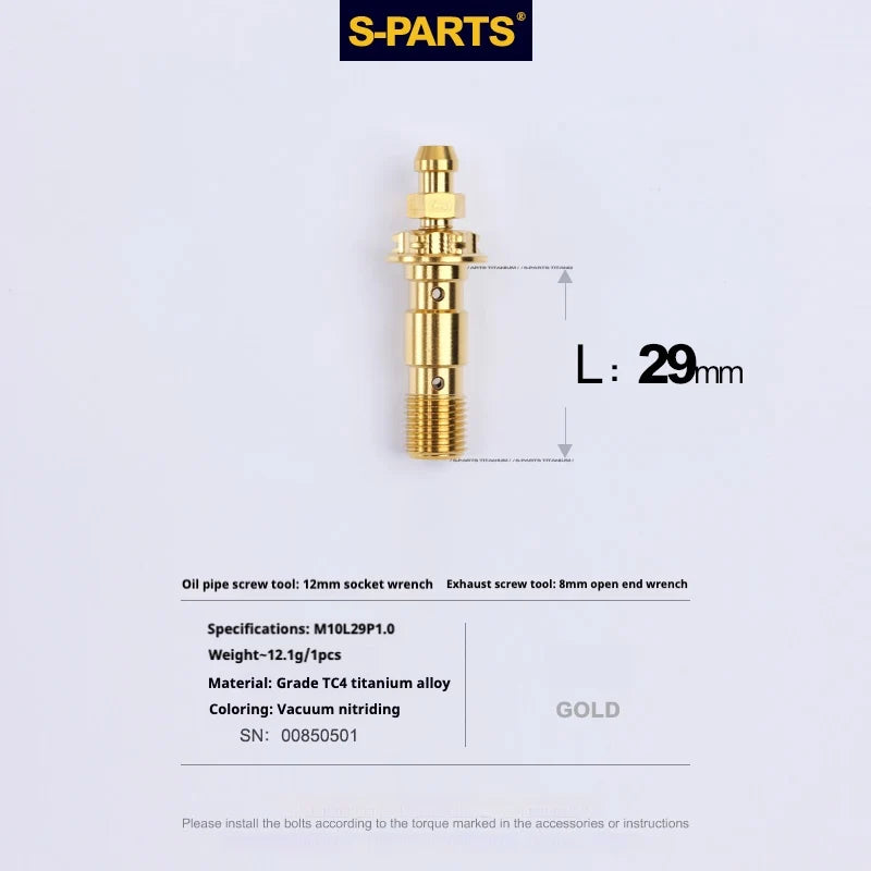 S-PARTS M10 × 29mm Double Titanium Banjo Bolt with Bleed Nipple Kit P1.0 Gold