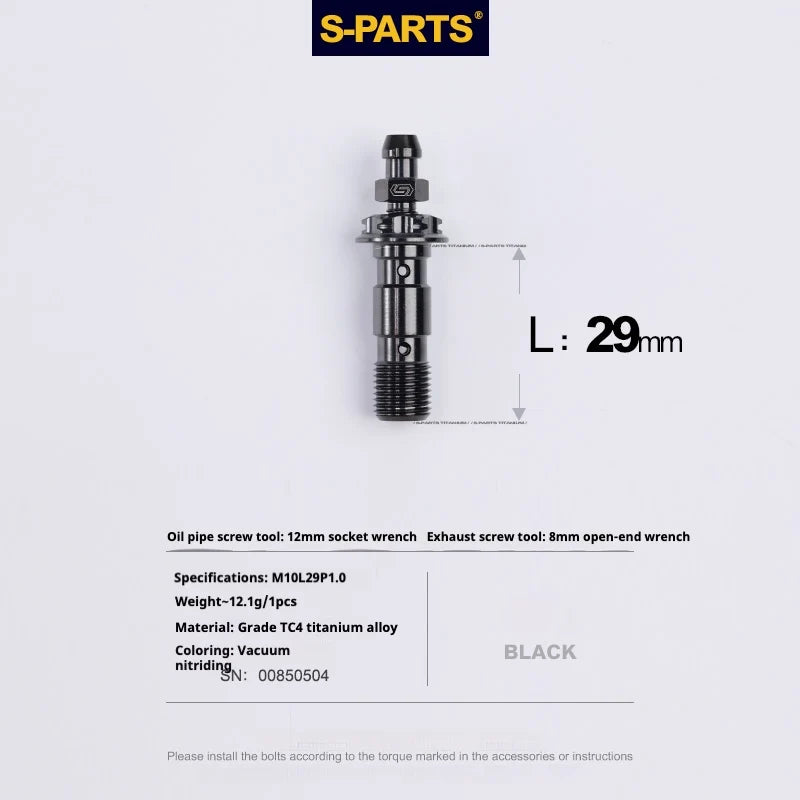 S-PARTS M10 × 29mm Double Titanium Banjo Bolt with Bleed Nipple Kit P1.0 Black