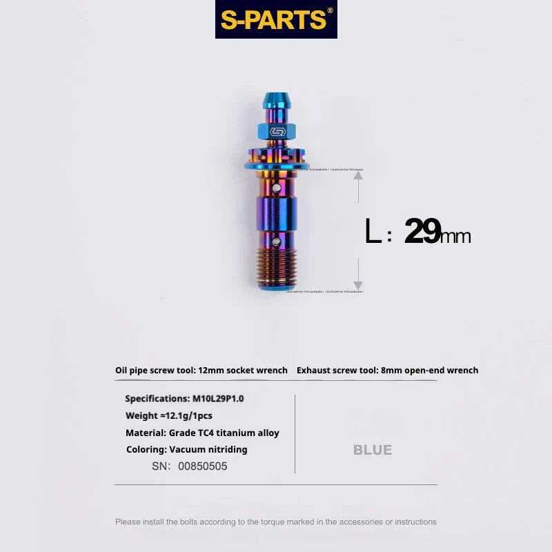 S-PARTS M10 × 29mm Double Titanium Banjo Bolt with Bleed Nipple Kit P1.0 Blue