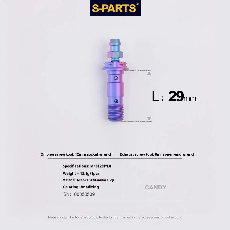 S-PARTS M10 × 29mm Double Titanium Banjo Bolt with Bleed Nipple Kit P1.0 Candy