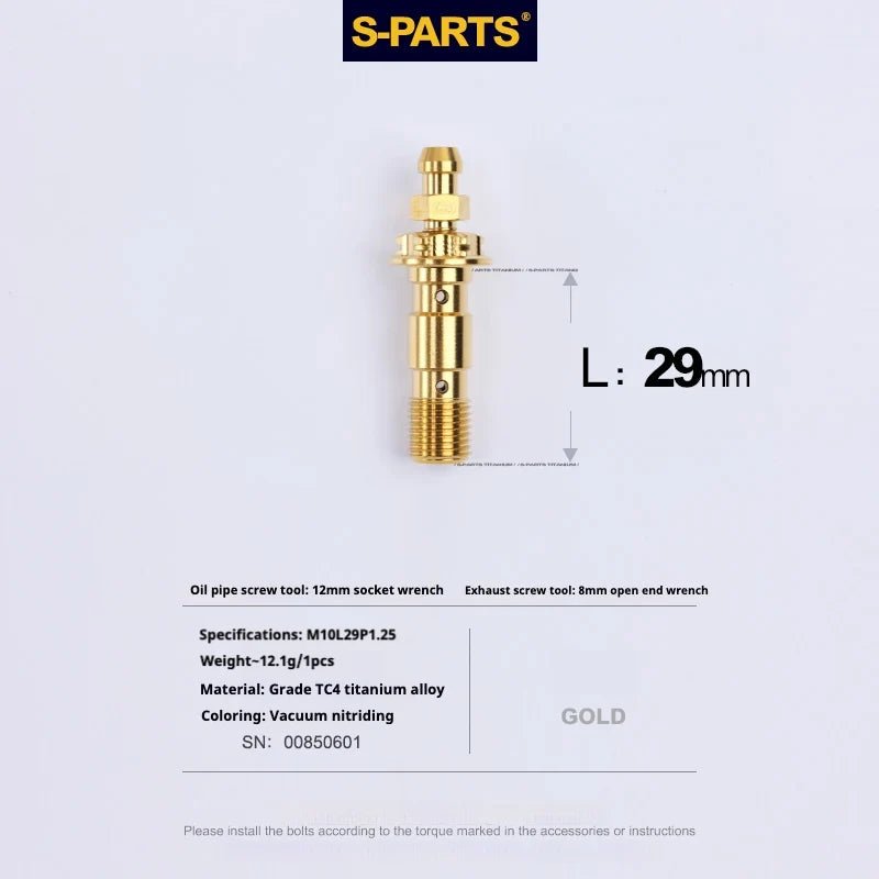 S-PARTS M10 × 29mm Double Titanium Banjo Bolt with Bleed Nipple Kit P1.25 Gold