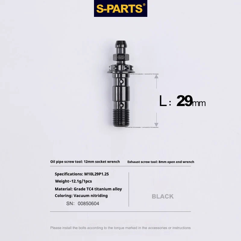 S-PARTS M10 × 29mm Double Titanium Banjo Bolt with Bleed Nipple Kit P1.25 Black