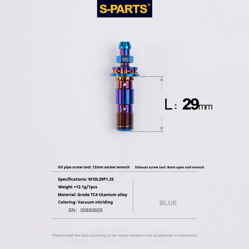 S-PARTS M10 × 29mm Double Titanium Banjo Bolt with Bleed Nipple Kit P1.25 Blue