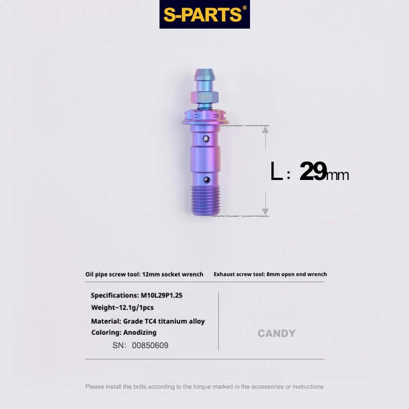 S-PARTS M10 × 29mm Double Titanium Banjo Bolt with Bleed Nipple Kit P1.25 Candy